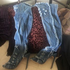 Non-stretch open toed jean stiletto boots